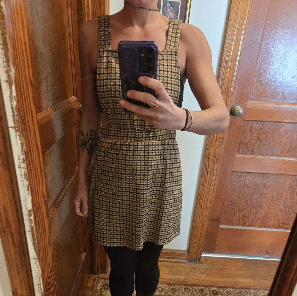 Liberty Love Black and Cream Checkered Mini Overall Dress Size Large